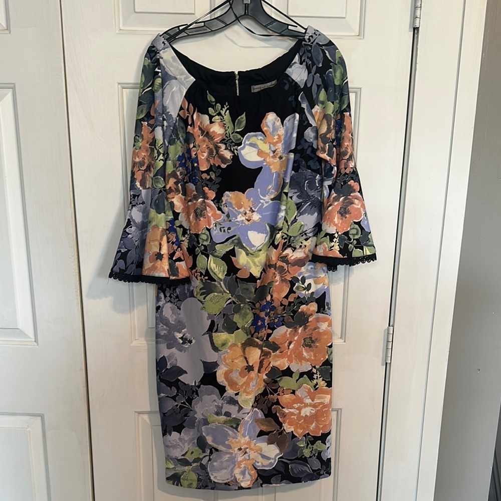 Danny & Nicole Black Floral Mini Dress with Peach, Lavender & Green
